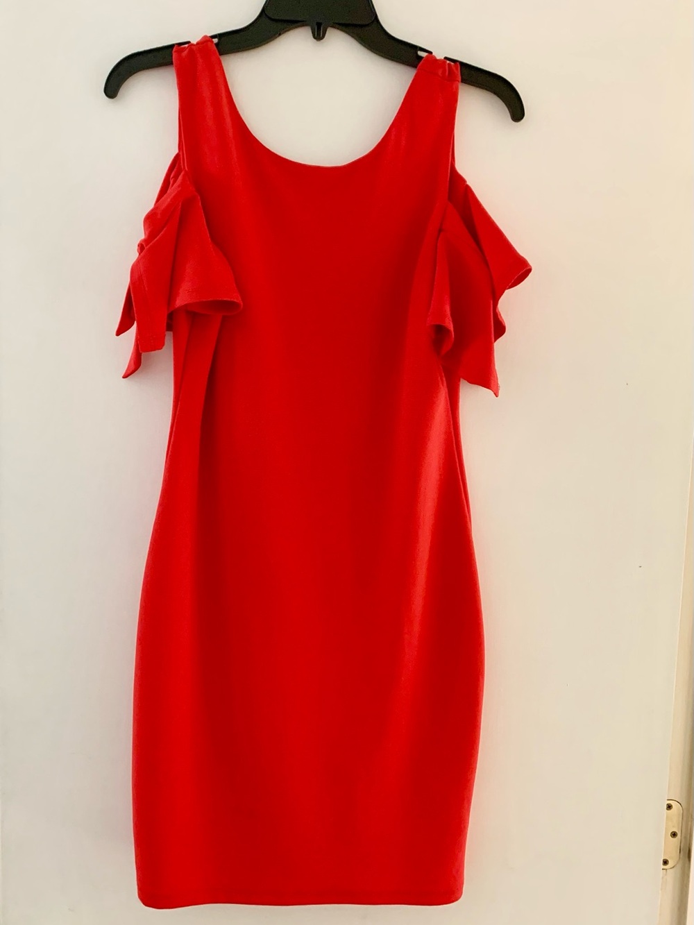 As U Wish Red Cold-Shoulder Ruffle Mini Dress